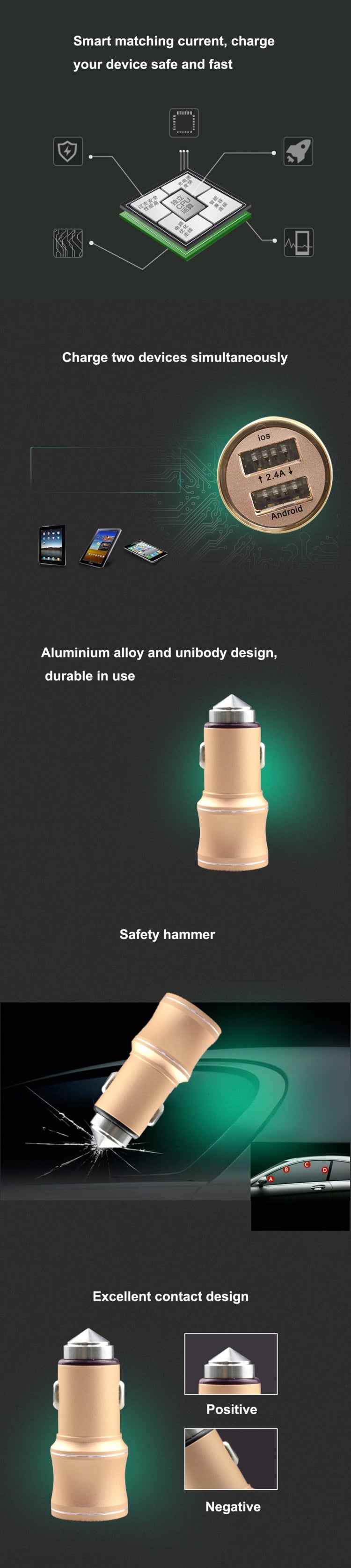 SEZU Thick Round Aviation Aluminium 1A + 2.1A Dual USB Car Charger with Safety Hammer