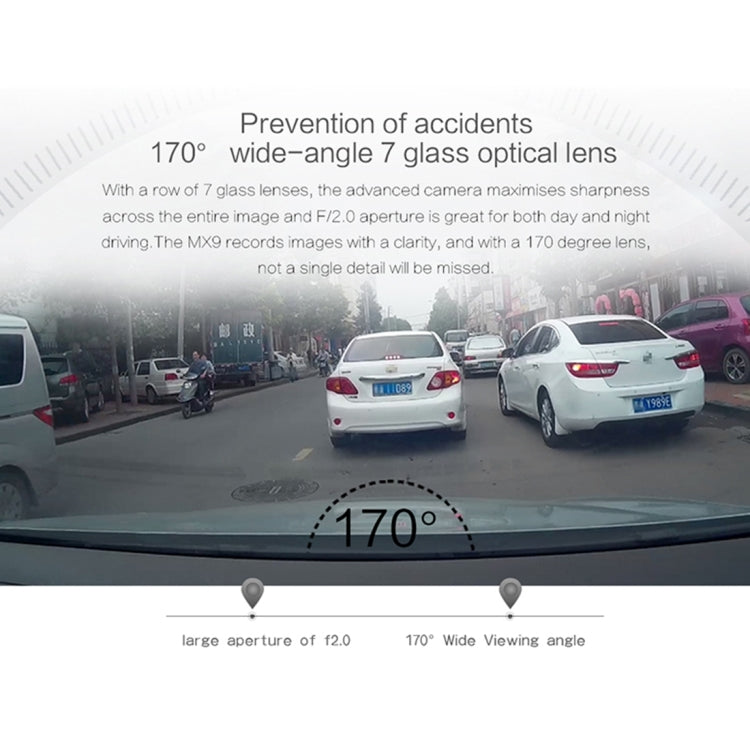MX9 3 inch TFT Screen Car Recorder Camera 170 Degree Wide Angle Viewing, Support TF Card / ADAS / Motion Detection / Microphone / Speaker / M-JEPG / LED Indicator/G-Sensor