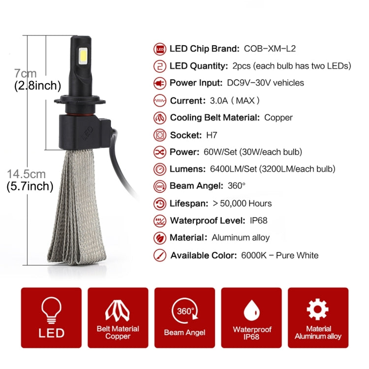 2 PCS S7 H7 40W 3200 LM 6000K IP68 Car Headlight with 2 COB Lamps and Heat Dissipation Cable, DC 9-30V(White Light)