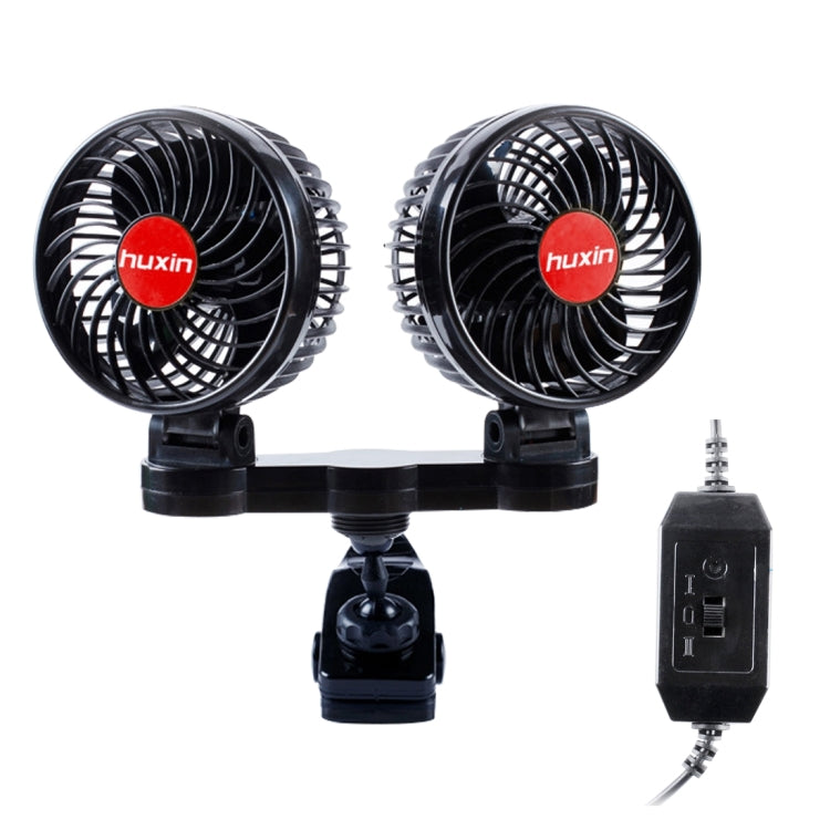 HUXIN HX-T606 12W 360 Degree Adjustable Rotation Clip Two Head Low Noise Mini Electric Car Fan with Gear Switch, DC24V