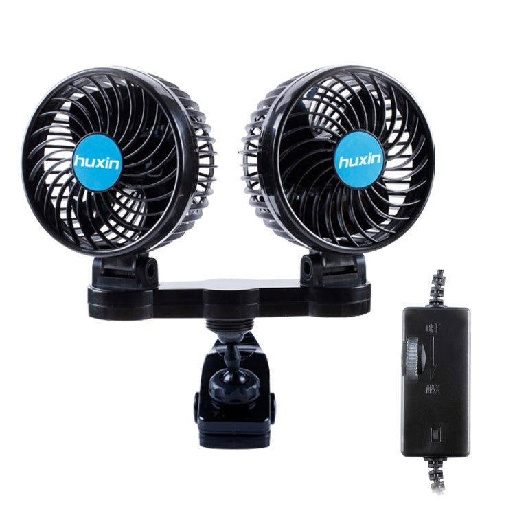 HUXIN HX-T605E 7W 360 Degree Adjustable Rotation Clip Two Head Low Noise Mini Electric Car Fan with Roller Switch, DC12V