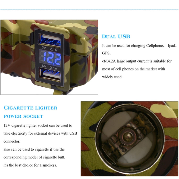 Motorcycle Waterproof DC12 4.2A Dual USB Charger Adapter + Voltmeter + Cigarette Lighter