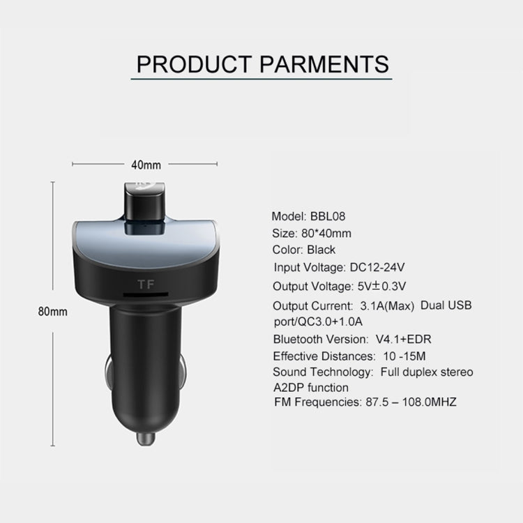 BBL08 Dual USB Charging Smart Bluetooth FM Transmitter MP3 Music Player Car Kit, Support Hands-Free Call  & TF Card & U Disk