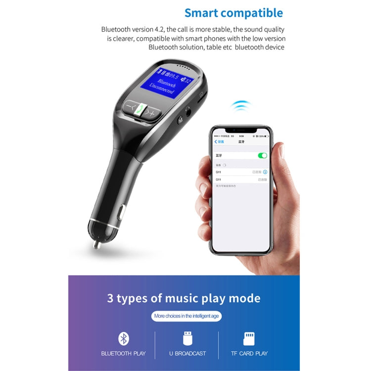 G11 Dual USB Charging Smart Bluetooth FM Transmitter MP3 Music Player Car Kit, Support Hands-Free Call  & TF Card & U Disk(Max 32GB)
