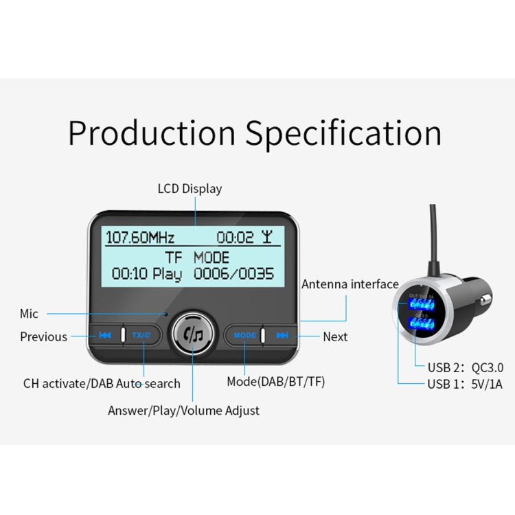 DAB002 Car DAB Dual USB Charging Smart Bluetooth Digital FM Transmitter MP3 Music Player Car Kit, Support Hands-Free Call  & TF Card