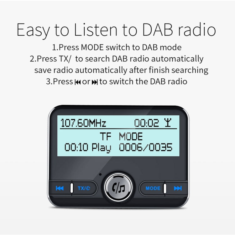 DAB002 Car DAB Dual USB Charging Smart Bluetooth Digital FM Transmitter MP3 Music Player Car Kit, Support Hands-Free Call  & TF Card