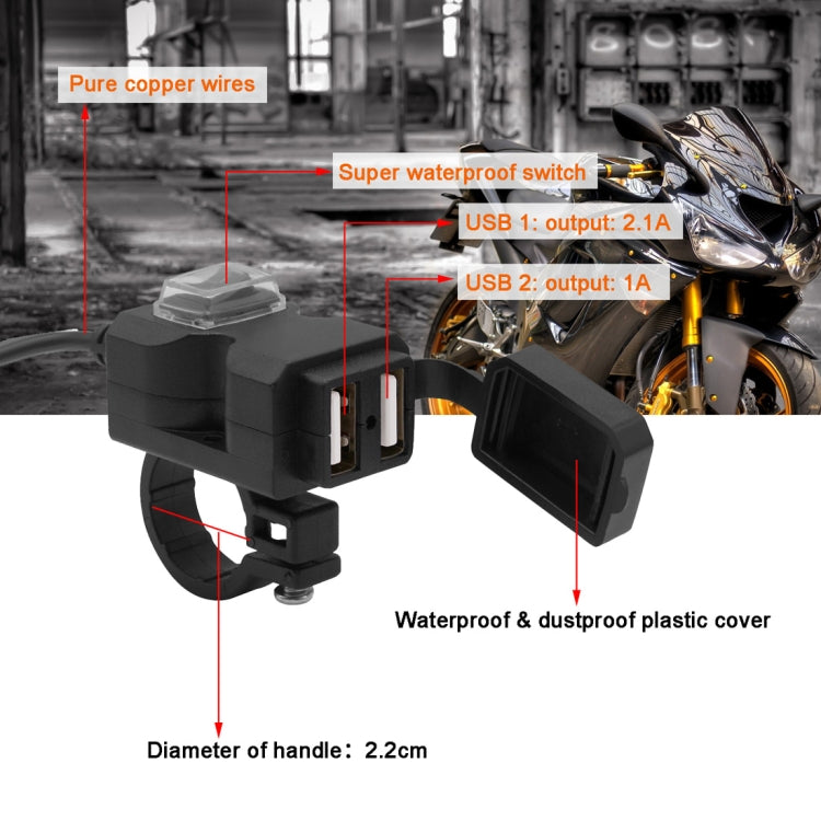 Motorcycle Waterproof 3.1A Dual USB Fast Charger Adapter with Switch