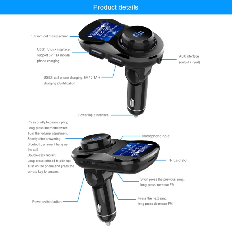 BC28 Wireless Bluetooth FM Transmitter Radio Adapter Car Charger, with 1.4 inch LCD Display, Music Player Support TF Card USB Flash Drive AUX Output for Smartphones