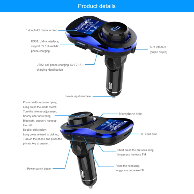 BC28 Wireless Bluetooth FM Transmitter Radio Adapter Car Charger, with 1.4 inch LCD Display, Music Player Support TF Card USB Flash Drive AUX Output for Smartphones