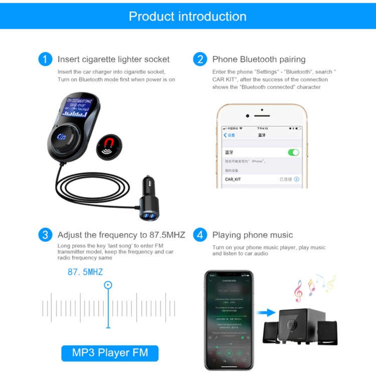 BC30 Wireless Bluetooth FM Transmitter Radio Adapter Car Charger, with Hand-Free Calling and 1.4 inch LCD Display, Supports TF Card Slot USB Car Charger for Smartphones