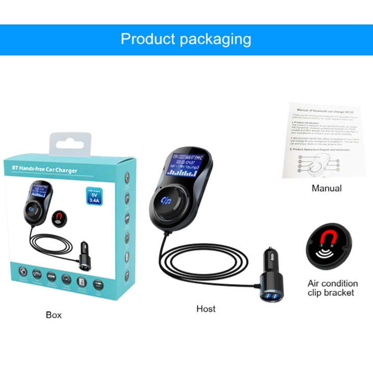 BC30 Wireless Bluetooth FM Transmitter Radio Adapter Car Charger, with Hand-Free Calling and 1.4 inch LCD Display, Supports TF Card Slot USB Car Charger for Smartphones