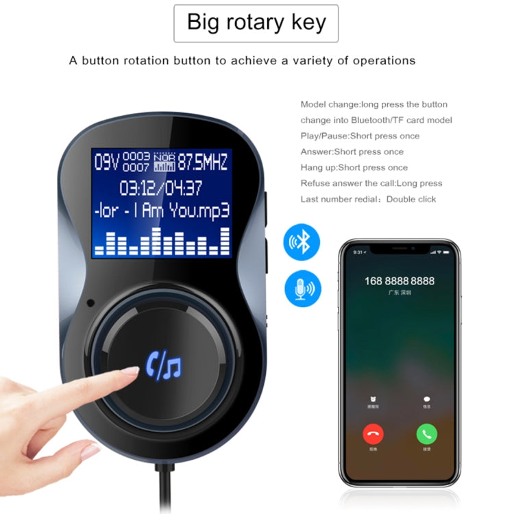 BC30 Wireless Bluetooth FM Transmitter Radio Adapter Car Charger, with Hand-Free Calling and 1.4 inch LCD Display, Supports TF Card Slot USB Car Charger for Smartphones