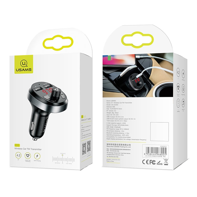 USAMS US-CC062 C11 Wireless Bluetooth4.2 Car FM Transmitter MP3 Music Player with Dual USB Ports(Black)