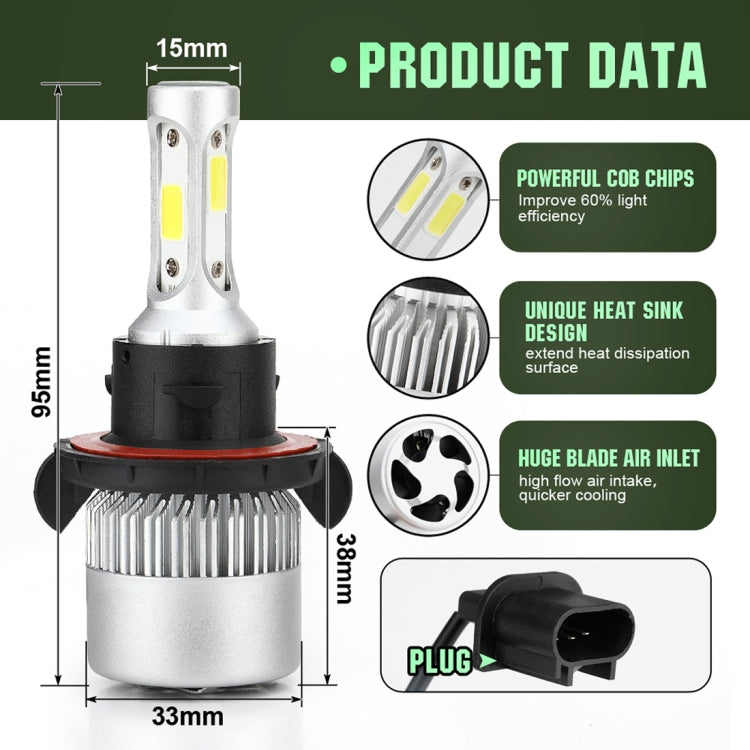 2 PCS S2 H13 / 9008 18W 6000K 1800LM IP65 2 COB LED Car Headlight Lamps, DC 9-30V(Cool White)