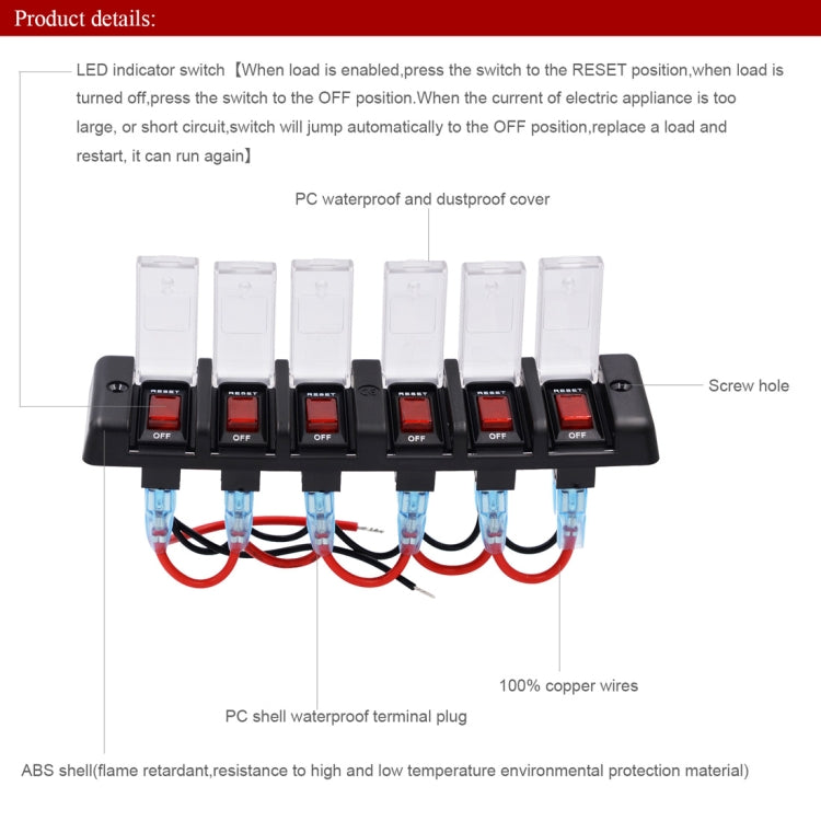 DC 12V 6 Way 16A IP66 Circuit Breakers Button Toggle Switch Panel with LED Indicator for Car RV Marine Boat