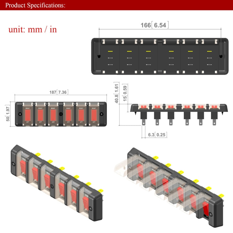 DC 12V 6 Way 16A IP66 Circuit Breakers Button Toggle Switch Panel with LED Indicator for Car RV Marine Boat