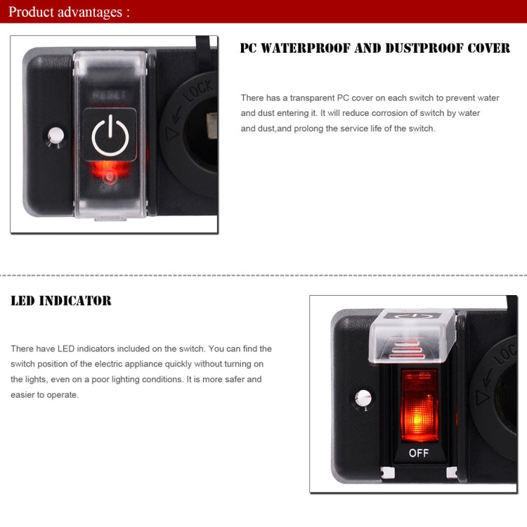 DC 12V IP66 3 Position Switch Panel Circuit Breaker with Dual USB Power Charger Adapter and Cigarette Lighter Socket