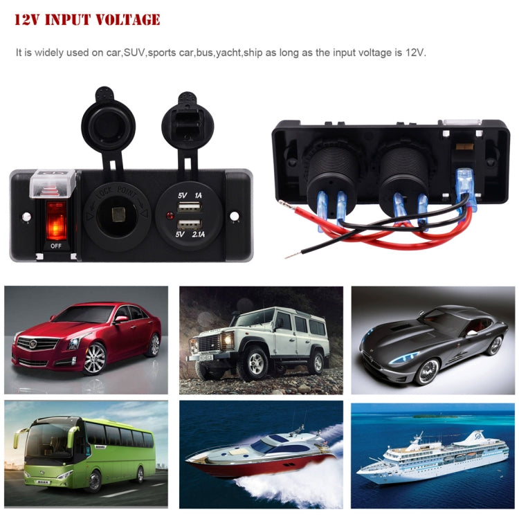 DC 12V IP66 3 Position Switch Panel Circuit Breaker with Dual USB Power Charger Adapter and Cigarette Lighter Socket