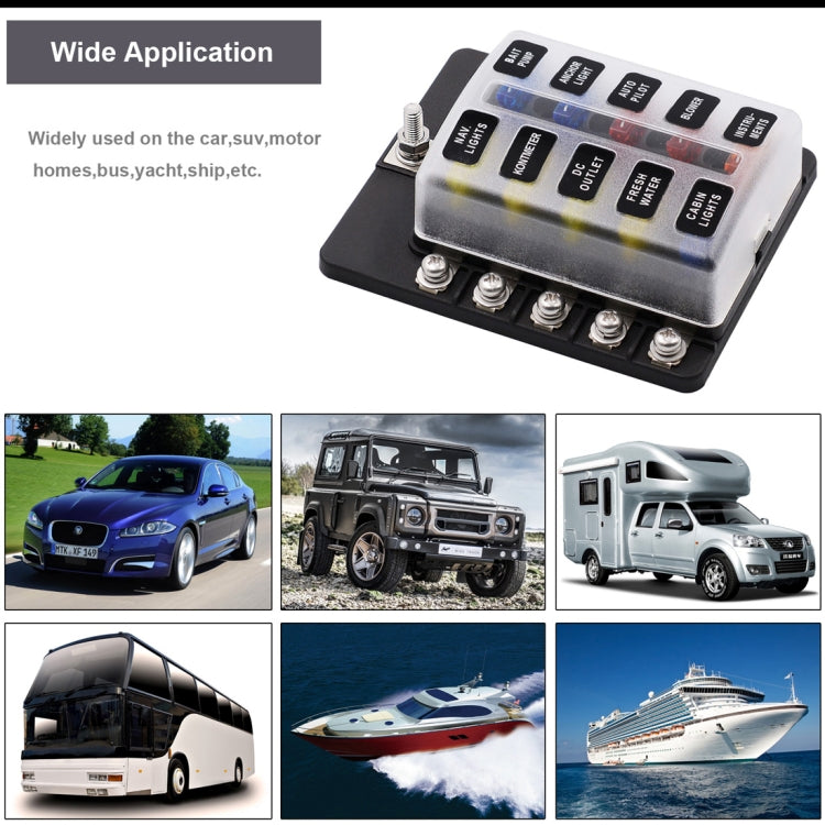 1 in 10 Out Fuse Box Screw Terminal Section Fuse Holder Kits with LED Warning Indicator for Auto Car Truck Boat