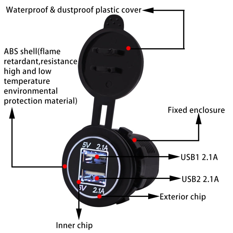Universal Car Charger 2 Port Power Socket Power Dual USB Charger 5V 4.2A IP66 with Aperture(White Light)