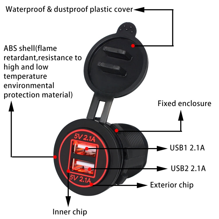 Universal Car Charger 2 Port Power Socket Power Dual USB Charger 5V 4.2A IP66 with Aperture(Red Light)
