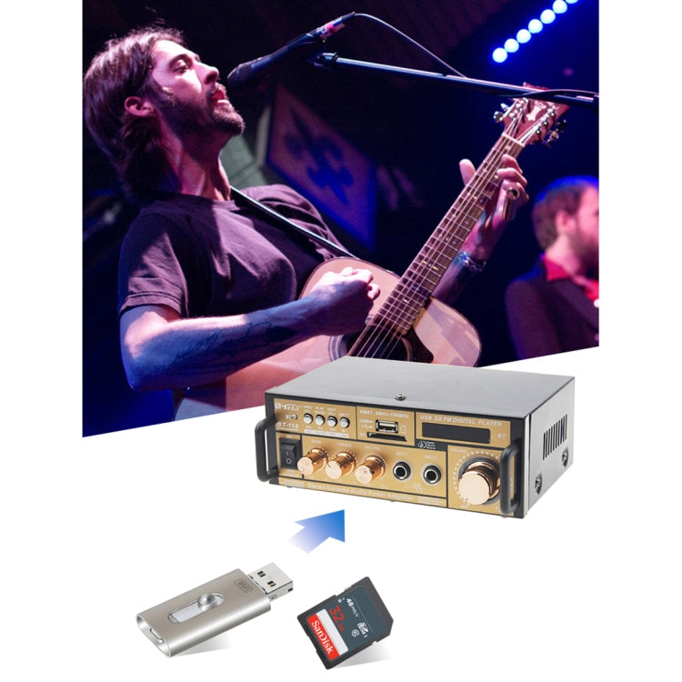 BT-118 Bluetooth HiFi Stereo Audio Amplifier with Remote Controller, LED Display, USB / SD & MMC Card / MP3 / AUX / FM, AC 220V / DC 12V, EU Plug