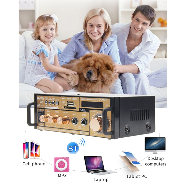 BT-118 Bluetooth HiFi Stereo Audio Amplifier with Remote Controller, LED Display, USB / SD & MMC Card / MP3 / AUX / FM, AC 220V / DC 12V, EU Plug
