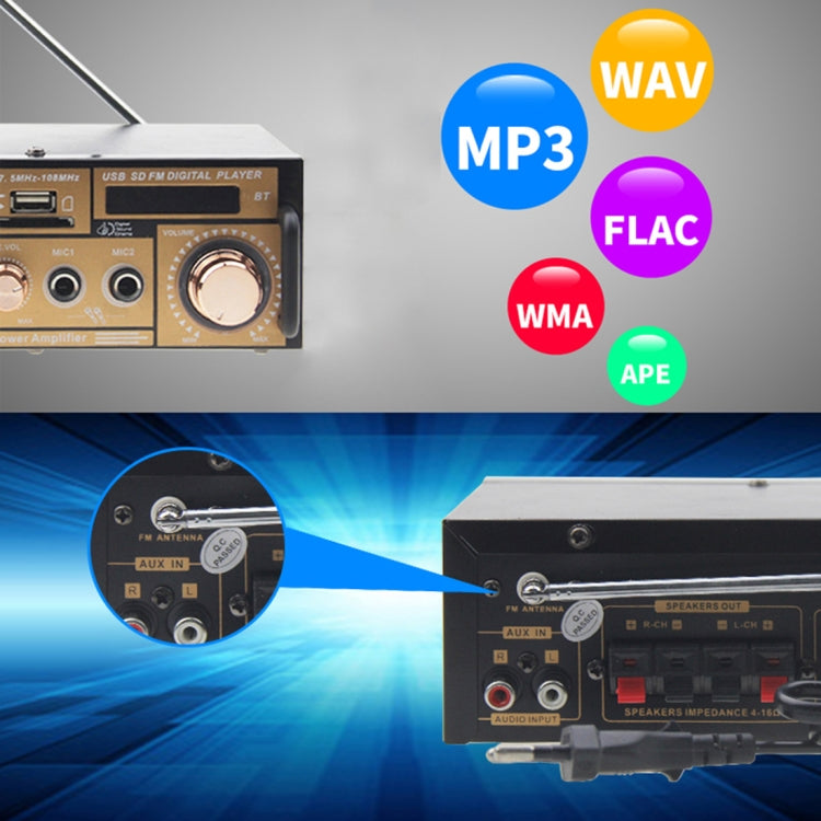 BT-118 Bluetooth HiFi Stereo Audio Amplifier with Remote Controller, LED Display, USB / SD & MMC Card / MP3 / AUX / FM, AC 220V / DC 12V, EU Plug