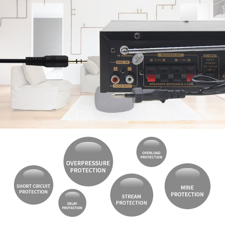 BT-118 Bluetooth HiFi Stereo Audio Amplifier with Remote Controller, LED Display, USB / SD & MMC Card / MP3 / AUX / FM, AC 220V / DC 12V, EU Plug