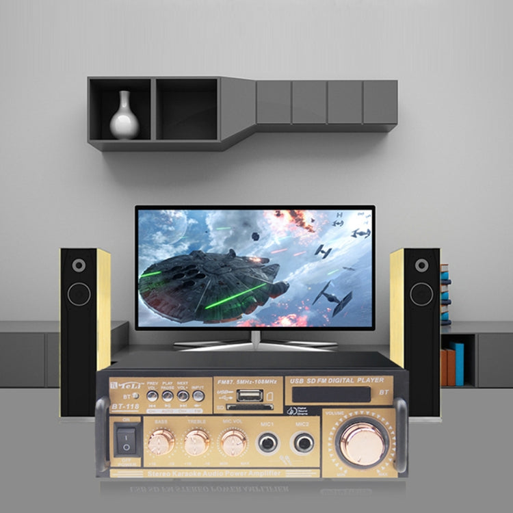 BT-118 Bluetooth HiFi Stereo Audio Amplifier with Remote Controller, LED Display, USB / SD & MMC Card / MP3 / AUX / FM, AC 220V / DC 12V, EU Plug
