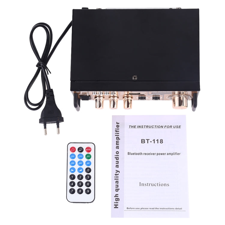 BT-118 Bluetooth HiFi Stereo Audio Amplifier with Remote Controller, LED Display, USB / SD & MMC Card / MP3 / AUX / FM, AC 220V / DC 12V, EU Plug