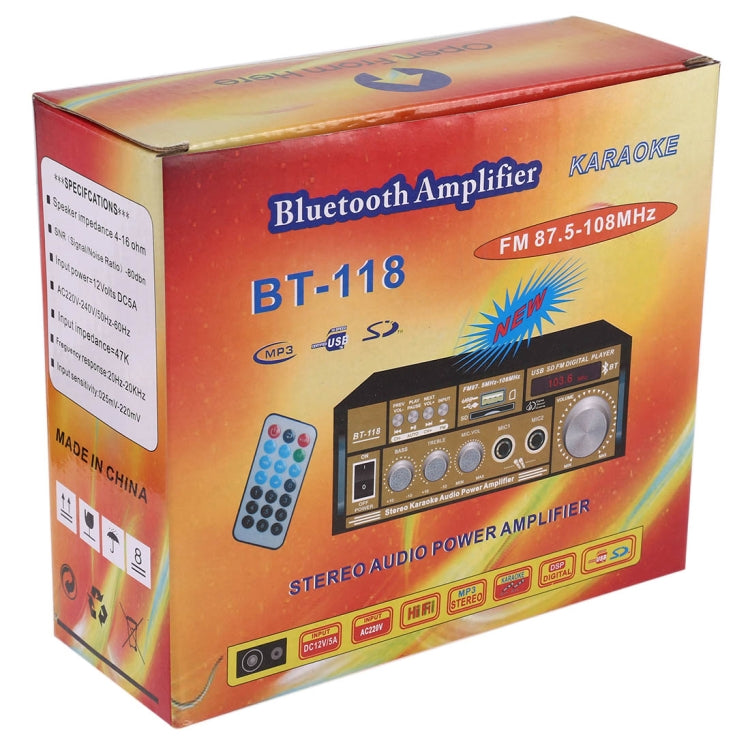 BT-118 Bluetooth HiFi Stereo Audio Amplifier with Remote Controller, LED Display, USB / SD & MMC Card / MP3 / AUX / FM, AC 220V / DC 12V, EU Plug