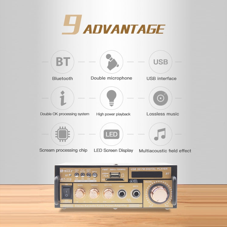 BT-118 Bluetooth HiFi Stereo Audio Amplifier with Remote Controller, LED Display, USB / SD & MMC Card / MP3 / AUX / FM, AC 220V / DC 12V, EU Plug