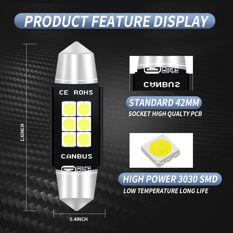 2 PCS 42mm DC12V-24V 3W 6000K 660LM 6LEDs SMD-3030 Car Reading Lamp / License Plate Light