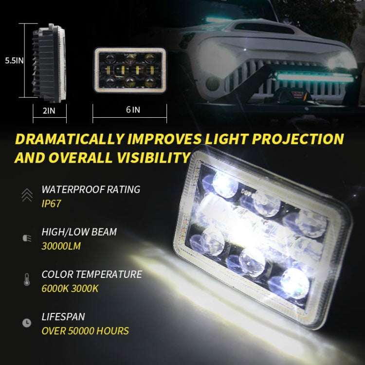 5 inch H4 DC 9V-30V 5000LM 6000K/3000K 45W IP67 Car Square Shape LED Headlight Lamps for Jeep Wrangler, with Aperture