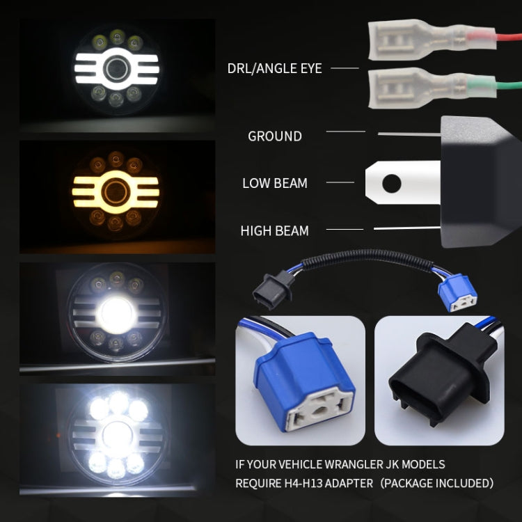 7 inch H4 DC 9V-30V 6000LM 6000K/3000K 55W IP67 6LED Lamp Beads Car Round Shape LED Headlight Lamps for Jeep Wrangler, with Angel Eye