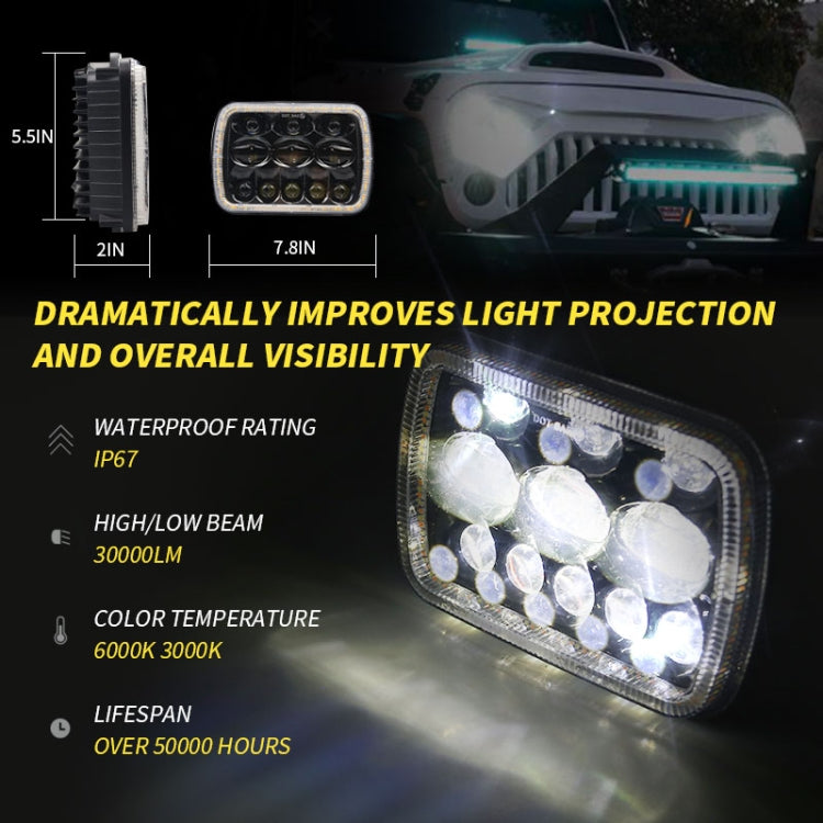 7 inch H4 DC 9V-30V 5000LM 6000K/3000K 45W IP67 Car Square Shape LED Headlight Lamps for Jeep Wrangler, with Aperture