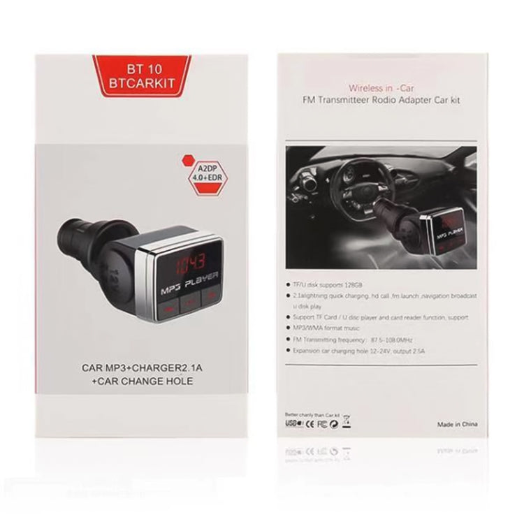 BT-10 1.3 inch Bluetooth Wireless Multi-function Car Kit MP3 Player FM Player Single USB Charger with LED Screen, Support TF Card up to 128G