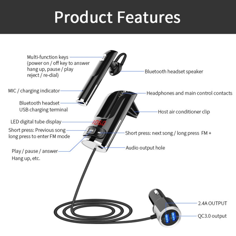 BC46 Bluetooth 5.0 Multi-function Car Bluetooth Earphone, Support Private Call & AUX Output & Dual USB Charging