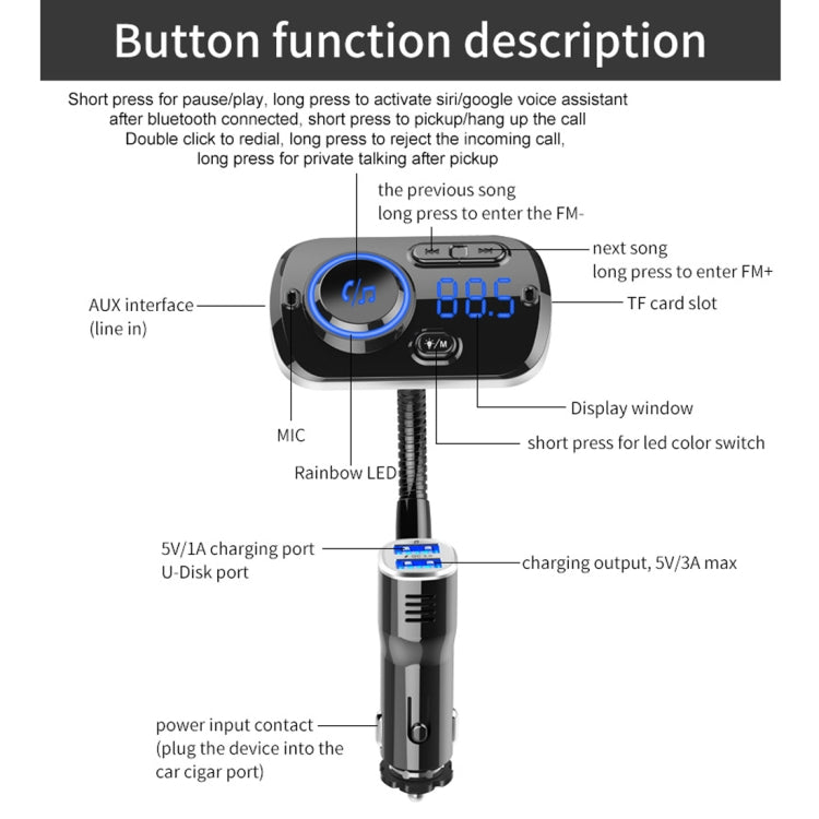 BC49AQ Bluetooth 5.0 Multi-function Car Colorful Atmosphere Lamp Bluetooth MP3 Player Quick Charger