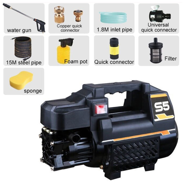 Car / Home 220V Multi-functional Automatic Water Power Washer High Pressure Spray Gun, Long Water Gun + 15m Steel Wire Pipe + Pot + Quick Connect