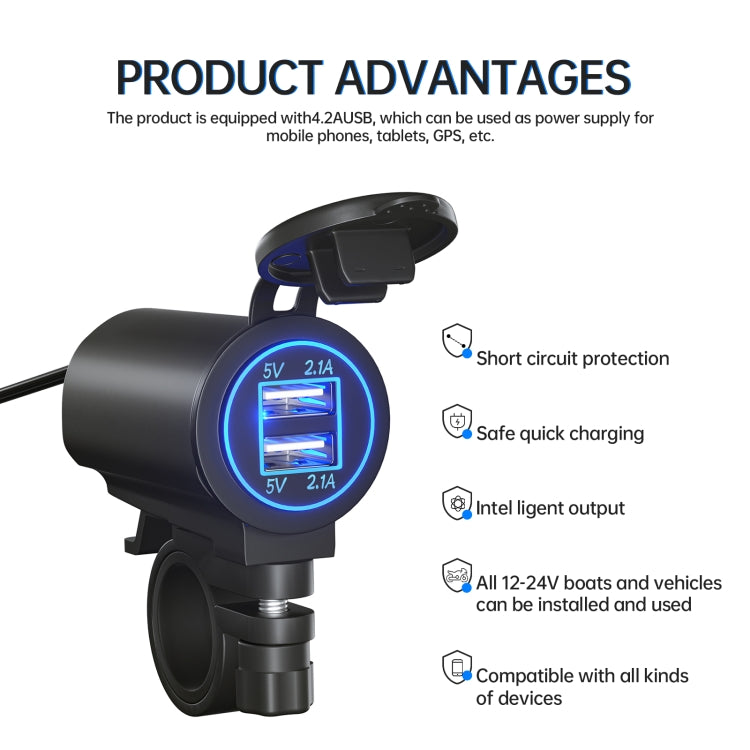 ZH-526I1 Car / Motorcycle 4.2A Dual USB Port Car Charger(Blue Light)