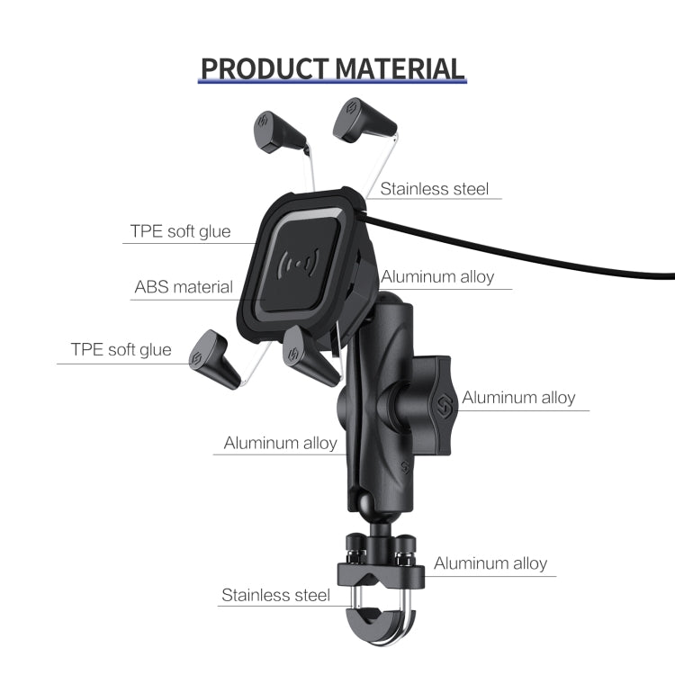 ZH-1558A2 Motorcycle Handlebar X-shape Aluminum Alloy Qi Wireless Charging Phone Holder