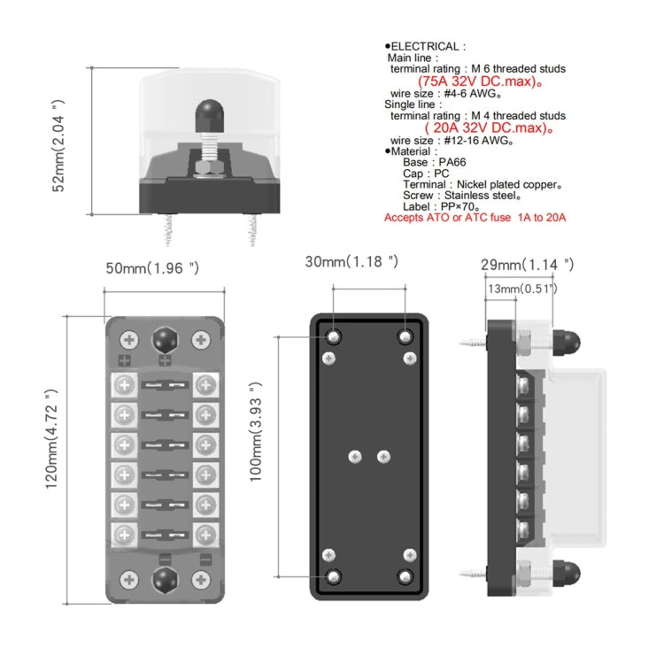 ZH-978A1 FB1901 1 In 6 Out 6 Ways Independent Positive Negative Fuse Box with 12 Fuses for Auto Car Truck Boat