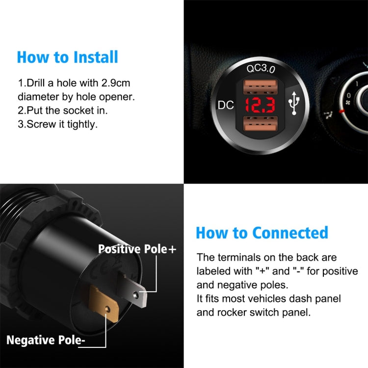 ZH-876C2 Car Square Aluminum Alloy QC 3.0 Dual USB Charger with Voltmeter & 60cm Cable