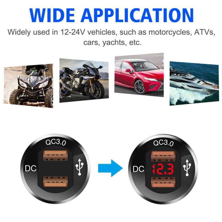 ZH-876C2 Car Square Aluminum Alloy QC 3.0 Dual USB Charger with Voltmeter & 60cm Cable