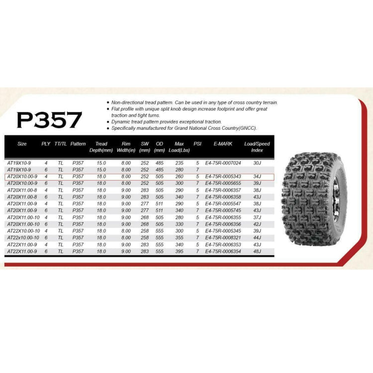[US Warehouse] 2 PCS 20x10-9 4PR P357 ATV / UTV Replacement Tires