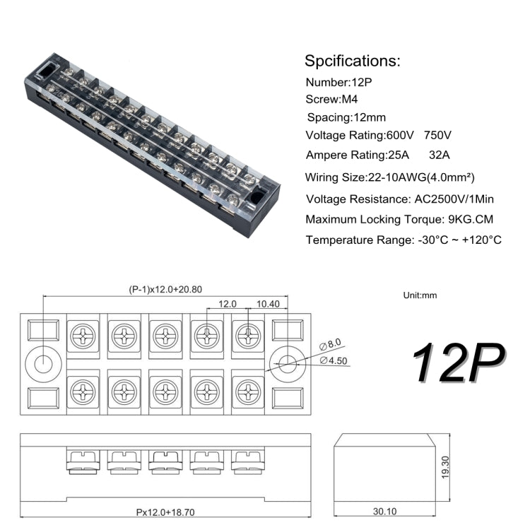5 PCS Car 12-way 25A TB-2512 Dual Row Power Terminal Connector + 12-position Connection Strip with Cover