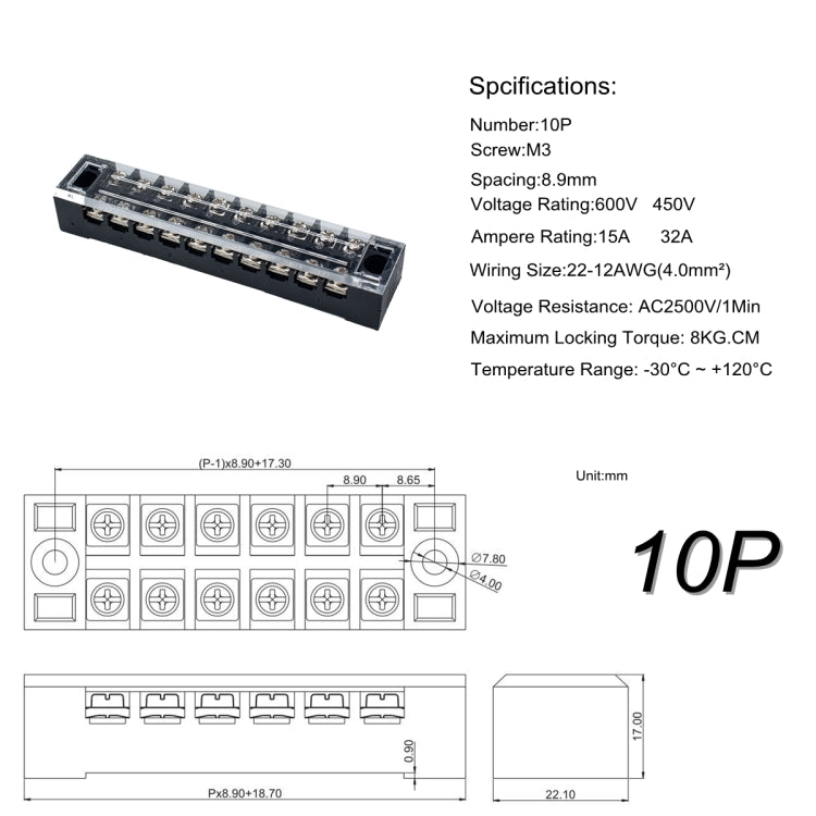 5 PCS Car 10-way TB-1510 Dual Row Power Terminal Connector + 10-position Connection Strip with Cover