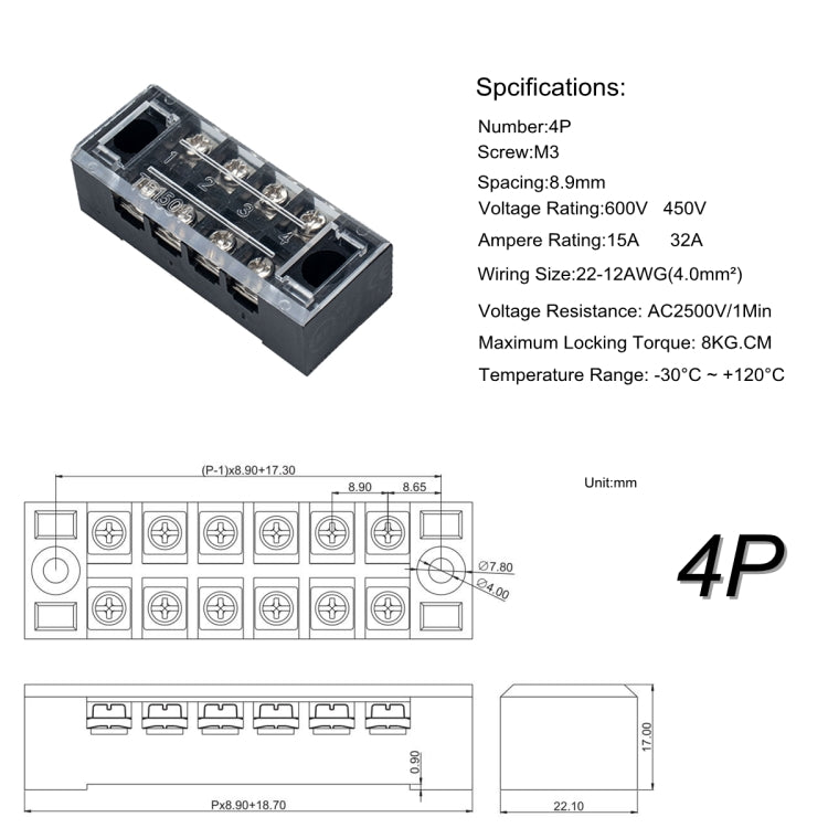 5 PCS Car 4-way TB-1504 Dual Row Power Terminal Connector + 4-position Connection Strip with Cover